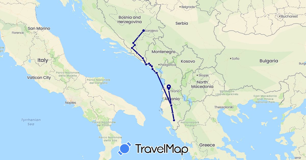 TravelMap itinerary: driving in Albania, Bosnia and Herzegovina, Montenegro (Europe)